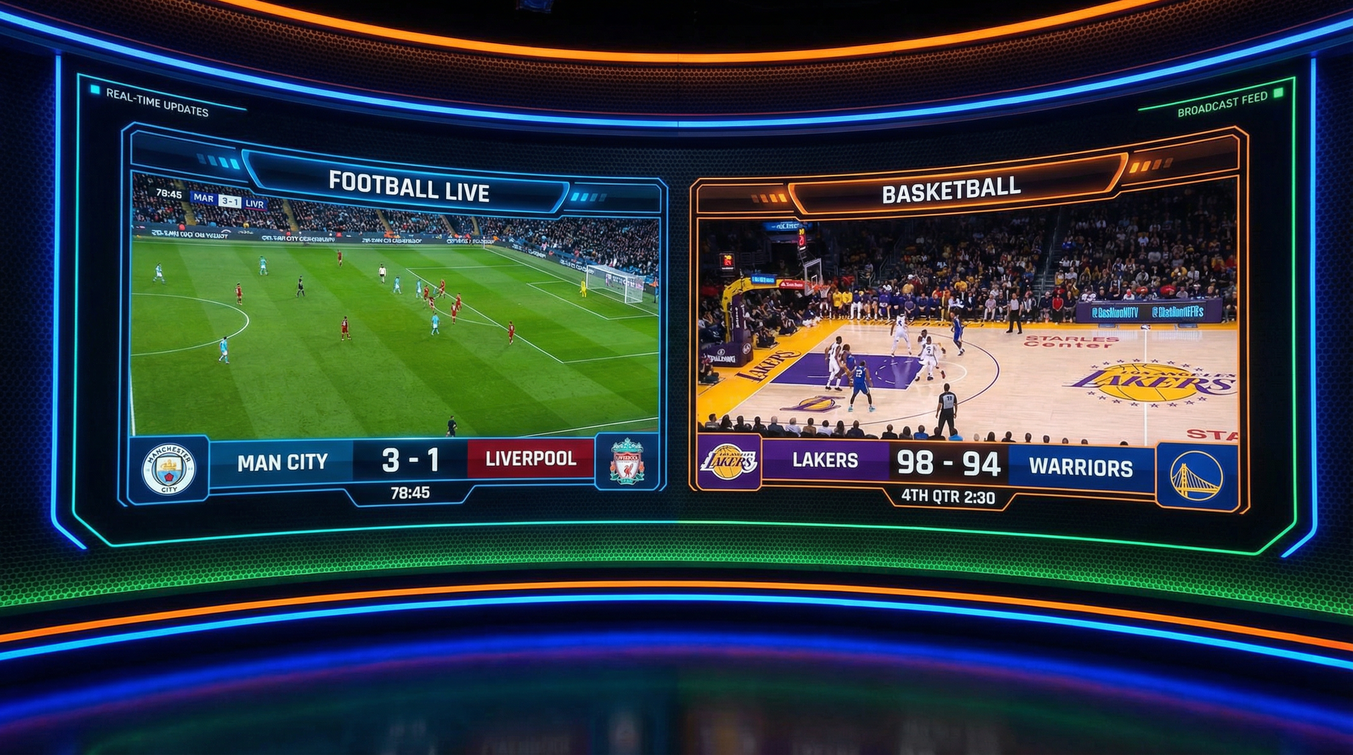 体育赛事实时比分显示屏展示足球和篮球比赛分数